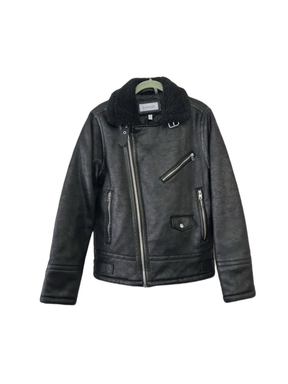 Calvin Klein Black Faux Shearling Motorcycle Jacket NWT Size M - Picture 2 of 12